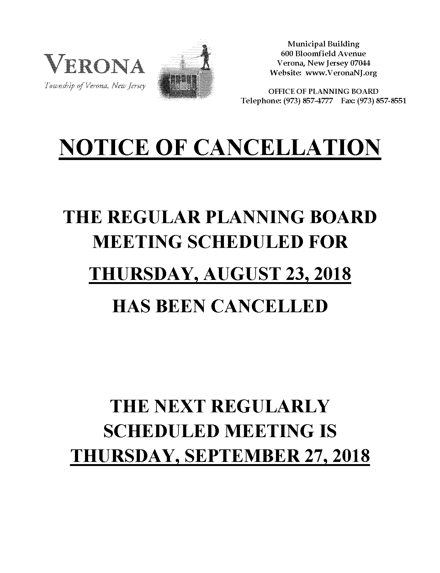 The Township of Verona New Jersey CANCELLEDPlanning Board Meeting